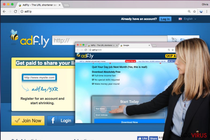 La página web Adf.ly y algunos anuncios de Adf.ly piden al usuario información personal