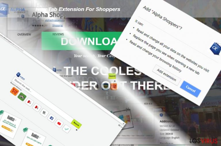 La imagen que muestra la extensión de AlphaShoppers y su página principal