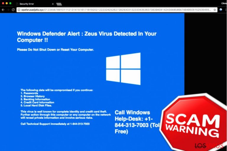 La estafa de soporte técnico "Windows Defender Alert: Zeus Virus"